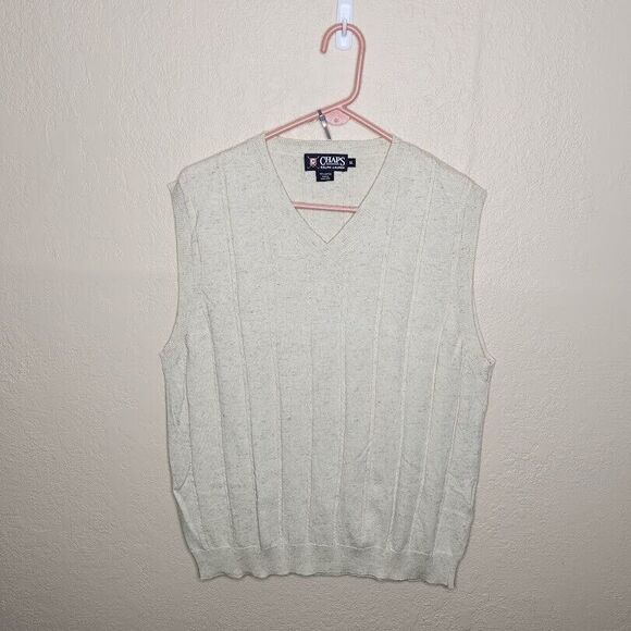 VIntage Chaps Ralph Lauren Sweater Vest Men's XL Beige Cotton V-Neck Knitted - Picture 1 of 6